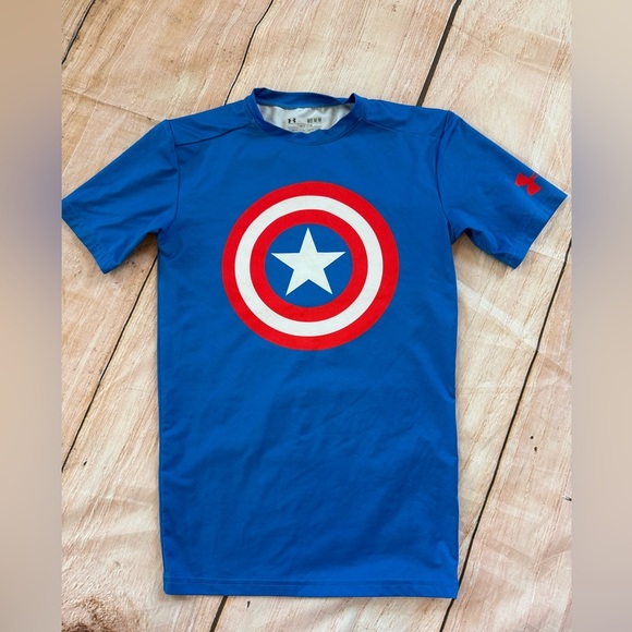 Under Armour T-Shirt Marvel Captain America Blue Size Medium Men's Compression - Picture 1 of 6